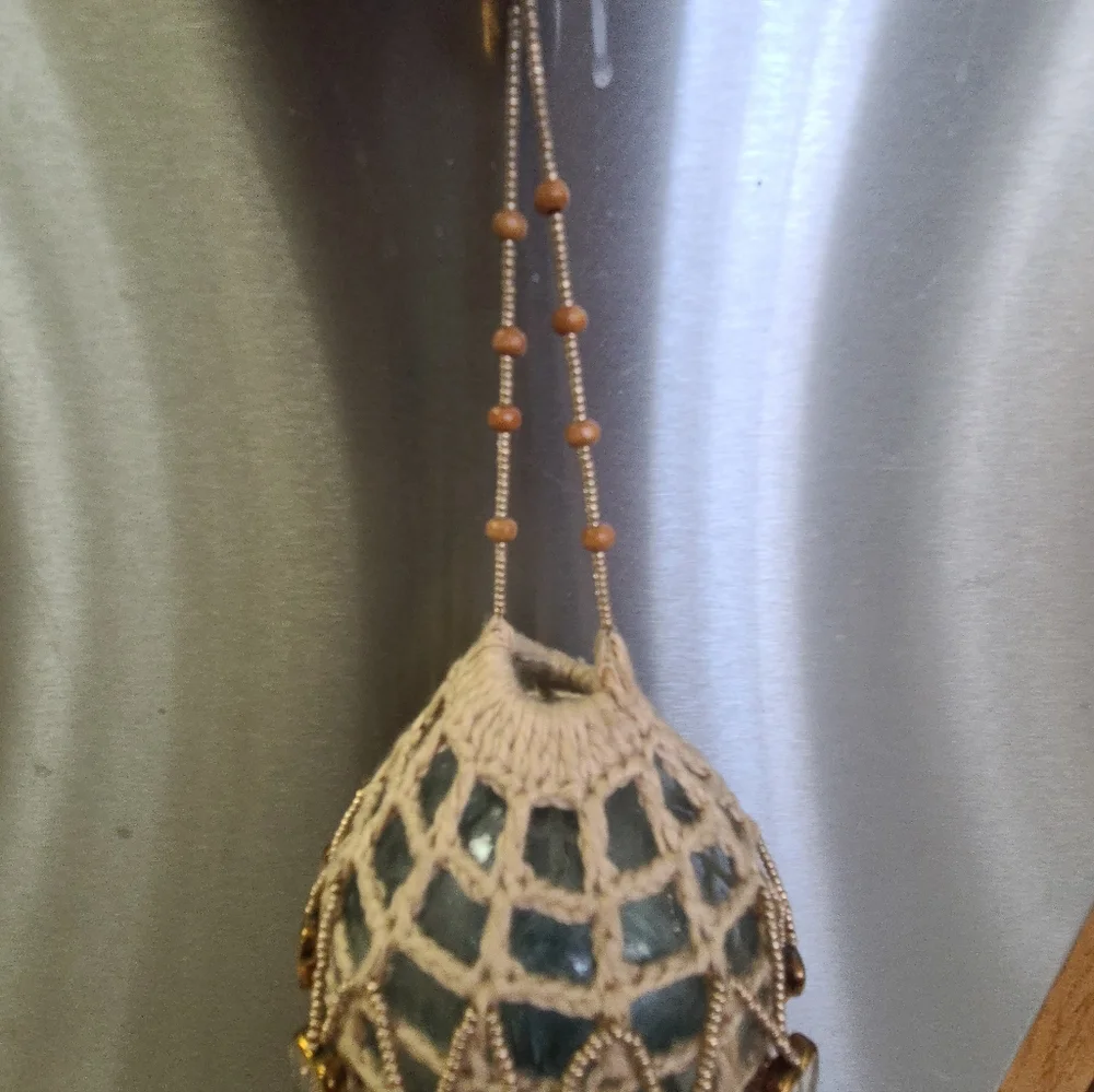 Handcrafted Beaded Glass Fishing Float Hanging Ornament With Macrame
